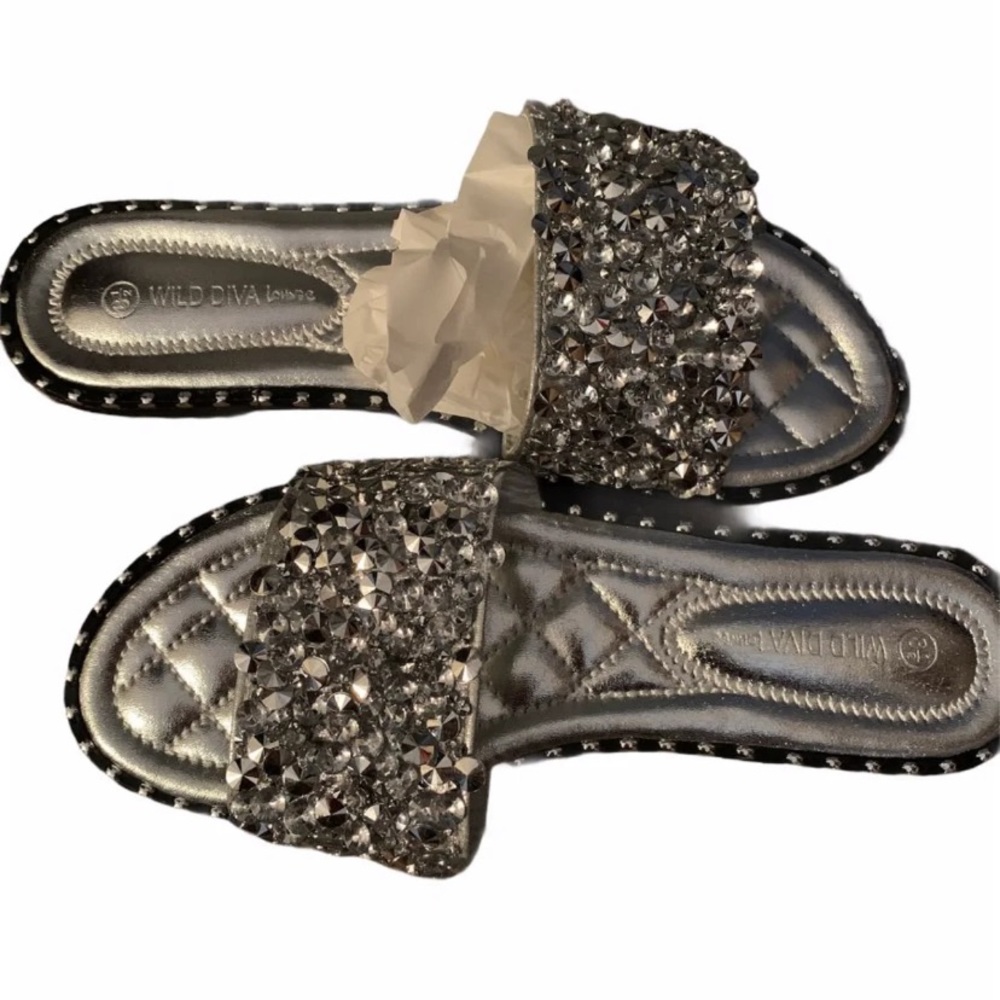 - Wild Diva Rhinestone Flat Sandals 8.5